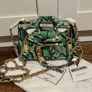 NWT Moschino Python-Printed Leather Biker Jacket Bag